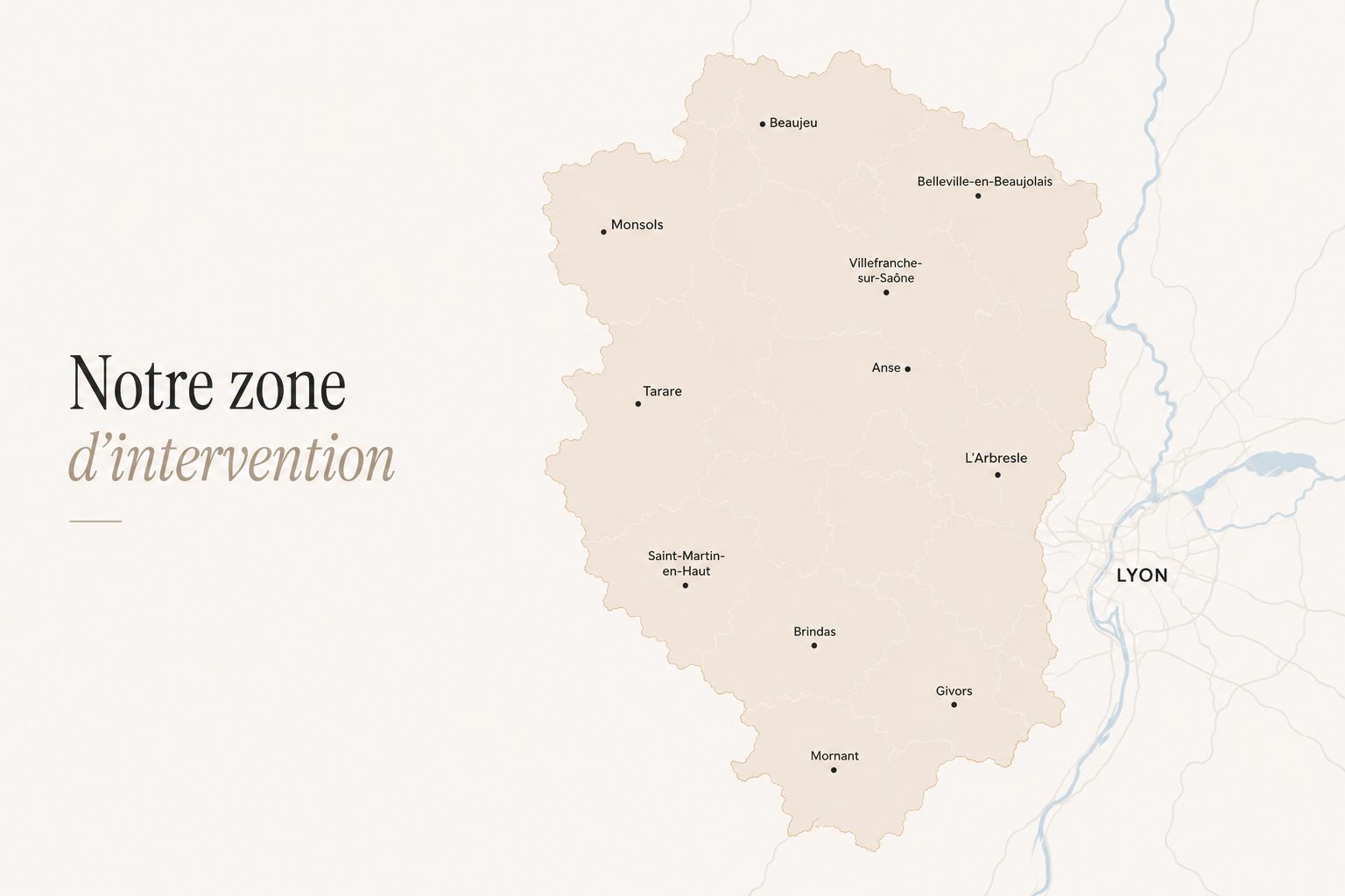 Carte de la zone d'intervention Matière & Nuance — Ouest lyonnais et Beaujolais